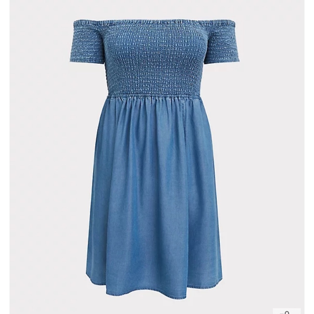 Torrid Blue Chambray Off Shoulder Smocked Skater Dress - Picture 2 of 5